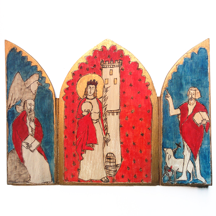 Ex-voto retable pyrogravure Sainte Barbe Saint Jean Baptiste Saint Jean apôtre Saint Georges protection architecte
