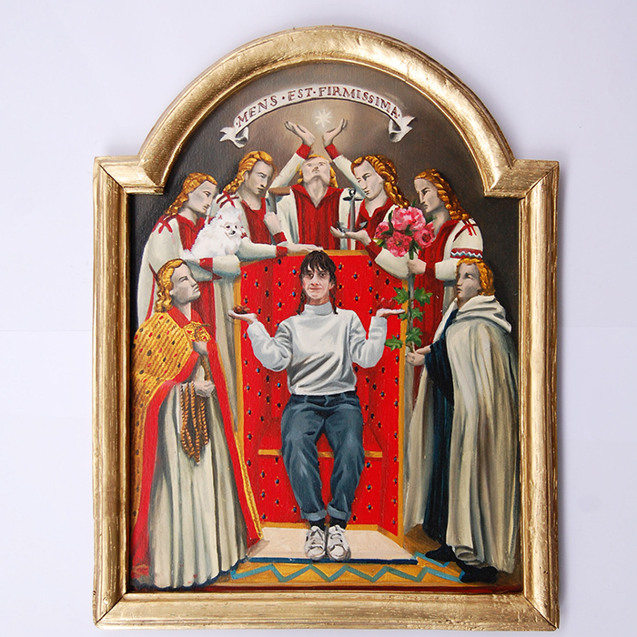 Ex-voto peinture à l'huile Mens est firmissima droiture anges corde Loulou de Poméranie équerre ancre étoile pivoines trône