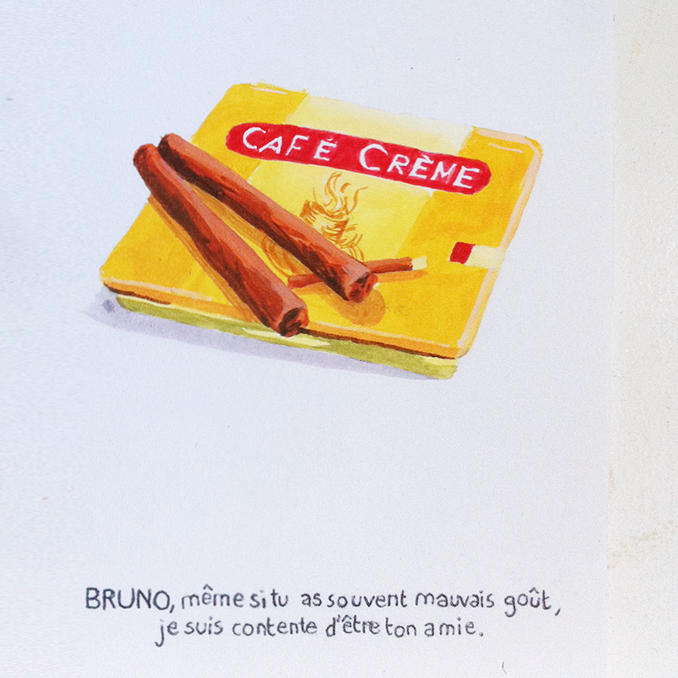 Ex-voto peinture gouache cigarillos boîte café crème