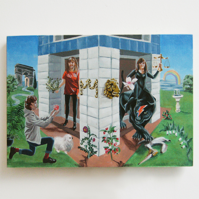 Ex-voto peinture à l'huile pour une promotion panthère David Bowie Arc de triomphe magnolia Loulou de Poméranie arc en ciel pélican balance