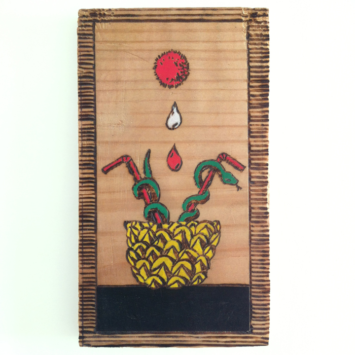 Ex-voto pyrogravure cocktail verre ananas pailles serpent soirée début été