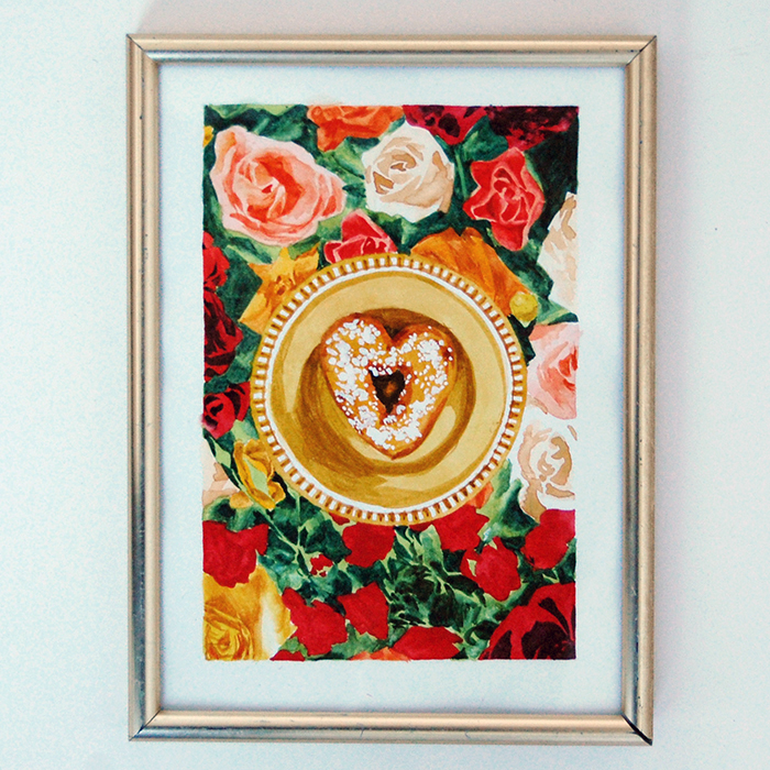 Ex-voto peinture aquarelle amitié coeur beignet nappe fleurs