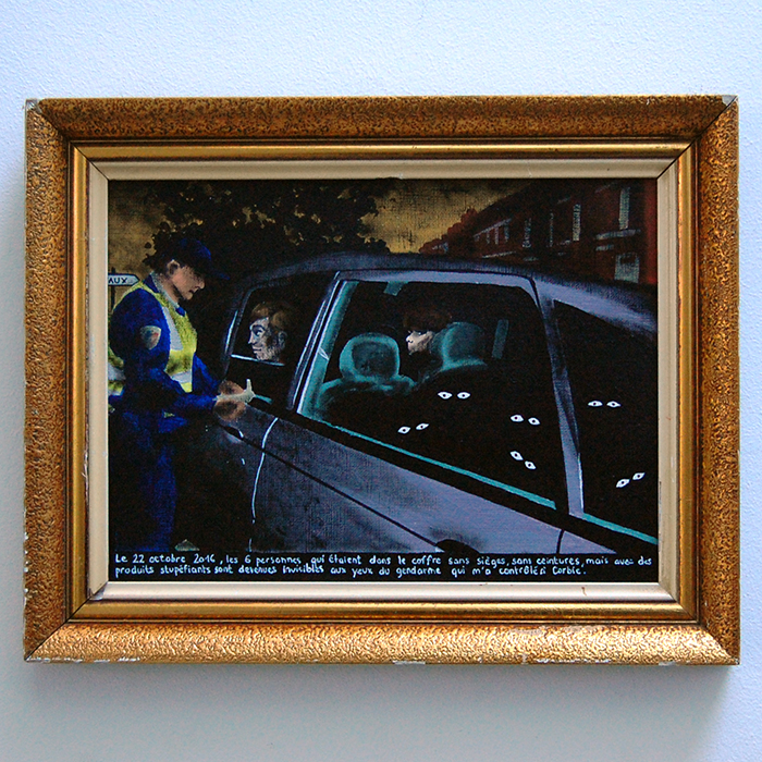 Ex-voto peinture acrylique contrôle de police stupéfiants gens cachés dans la voiture