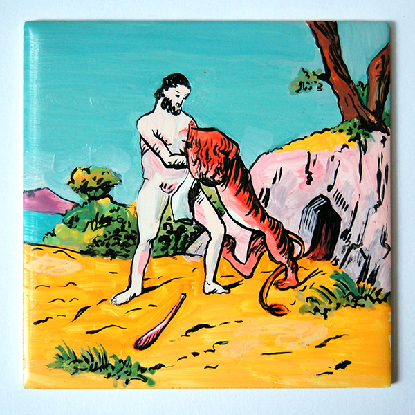 Ex-voto peinture sur céramique Hercule Heracles combattant le lion de Némée peau de bête