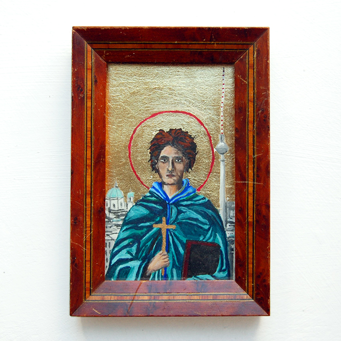 Ex-voto pour protéger un déménageùent peinture gouache feuille d'or Saint Jean Calybite icône Berlin fond or