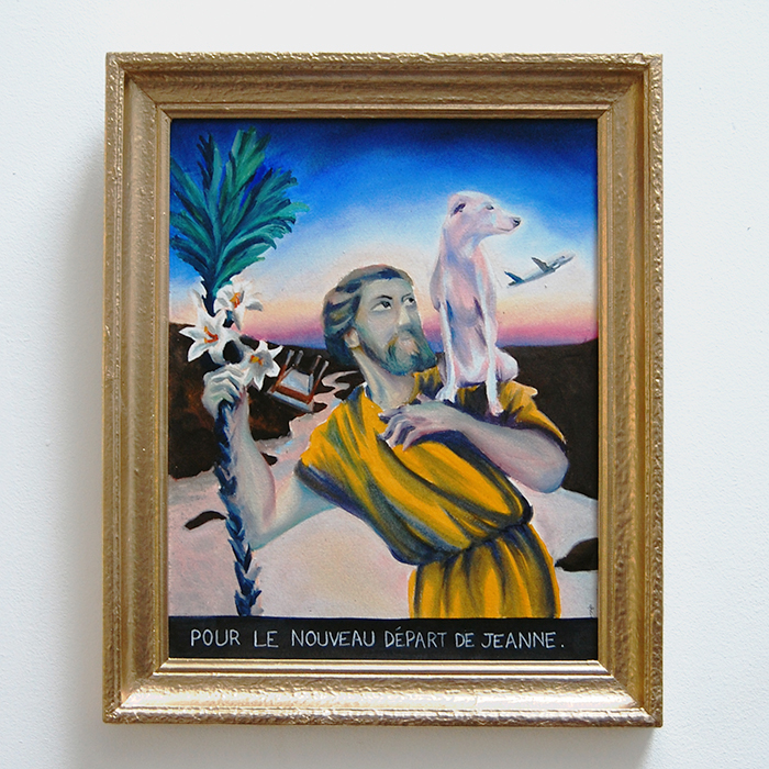 Ex-voto Saint Christophe nouveau départ dans la vie protection carte de tarot du mat petit chien avion qui décolle aube nouveau jour table du bateleur renversée