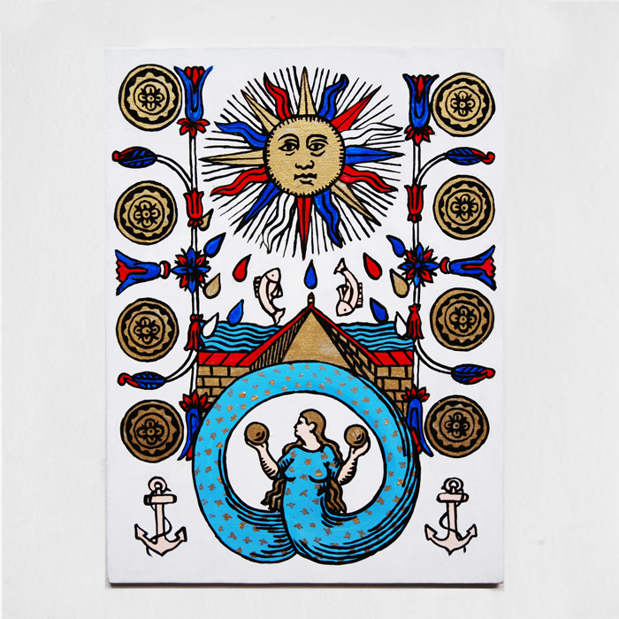 ex-voto peinture sur métal carte du tarot du Soleil Allégorie de l'Eternité iconologia Cesare RRipa poissons et ancres symboles
