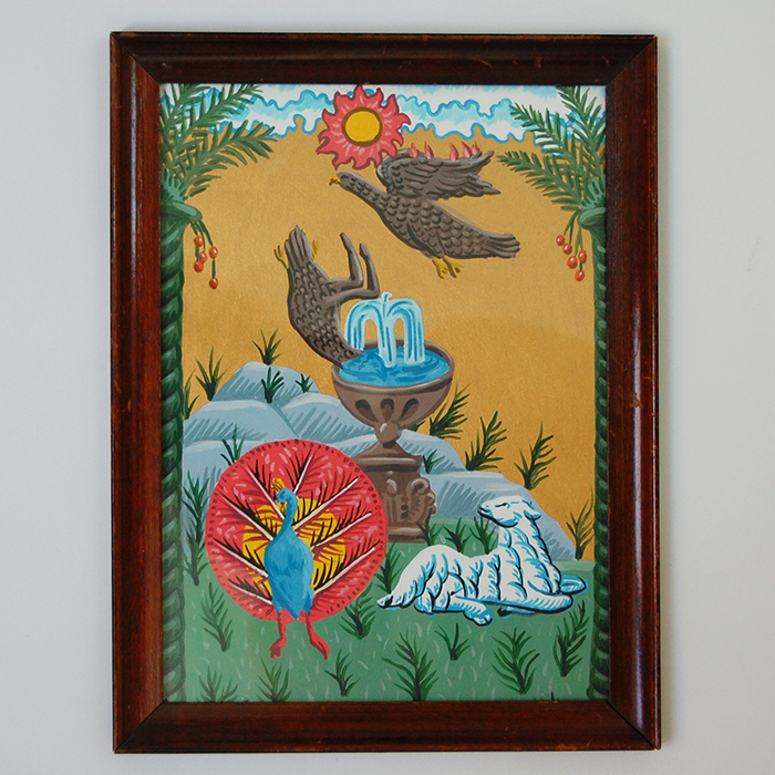 Ex-voto peinture fond or enluminure mosaïque ravenne aigles légende se brûlent les ailes fontaine de jouvence paon eternité agnus dei palmiers dattiers cadeau grand-mère