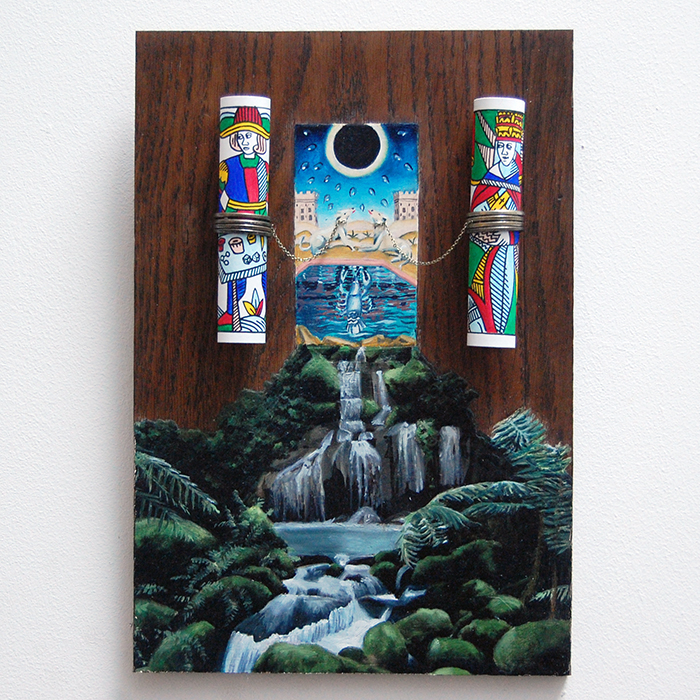 Ex-voto carte de tarot lune bateleur papesse reliques forêt cascade peinture à l'huile sur bois