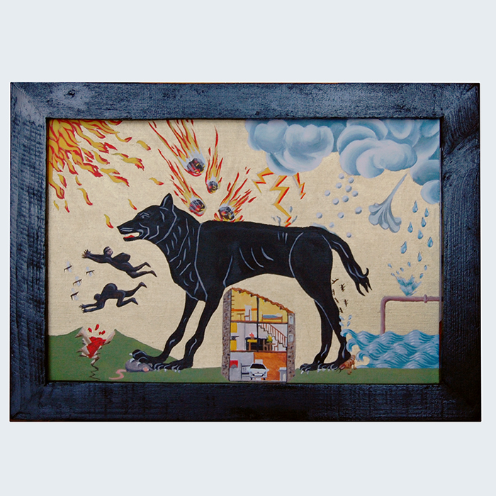 Ex-voto peinture acrylique loup protecteur d'une nouvelle maison déménagement contre les voleurs les inondations les souris les incendies les météorites les tremblements de terre et les termites