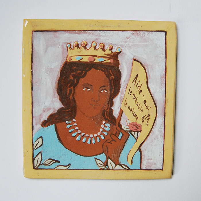 Ex-voto céramique engobe terre vernissée Maria Lionza demande protection aide pour construire un retable