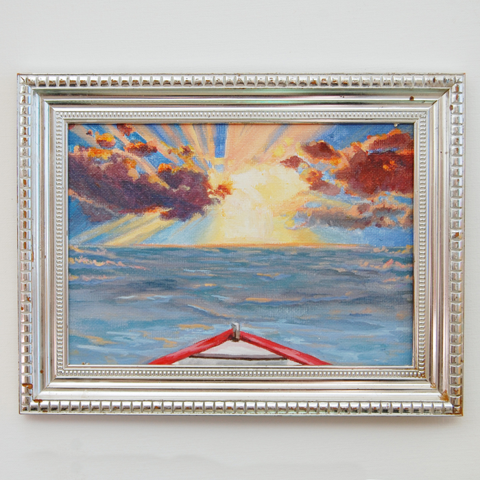 Ex-voto peinture acrylique bateau sur la mer lever de soleil se dirige vers l'horizon