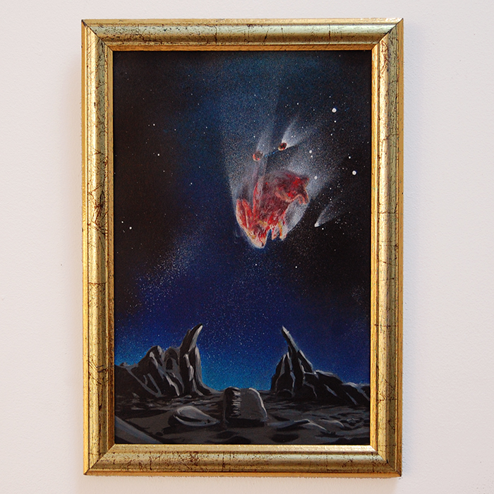 Ex-voto peinture à l'oeuf et à la bombe aérosol météorite en forme de lapin qui percute la terre le désert avec un lit vide la nuit