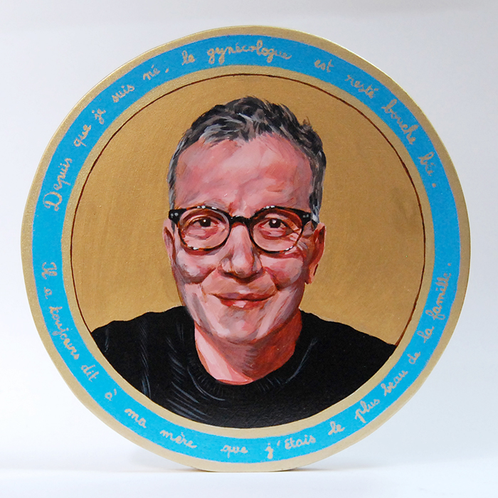 Ex-voto peinture acrylique sur bois portrait père commandé par ses filles proverbe Le singe aux yeux de sa mere est une gazelle enlumineurs doré