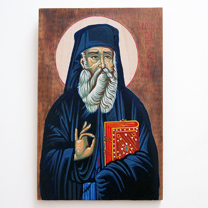 Ex-voto Agios Nektarios of Aegina icône peinture à l'oeuf orthodoxe tenant une bible sur bois