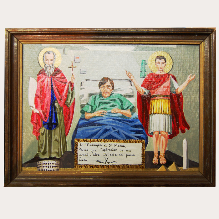 Ex-voto peinture acrylique protection cadeau pour une opération d'une grand-mère malade Saint Télémaque et Saint Menne entourent le lit Colisée pyyramides obélisque