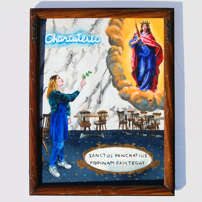 Ex-voto peinture acrylique sur métal pour protéger un nouveau restaurant qui vient d'ouvrir à Paris cadeau prosperité tradition offrir une branche de persil à Saint Pancrace pour avoir de la chance et des rentrées d'argent