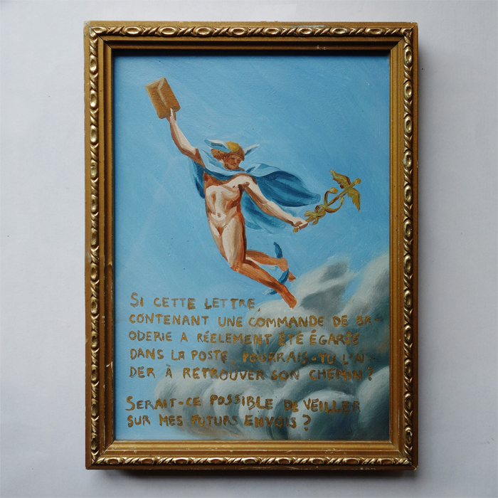Ex-voto peinture à l'huile Mercure retrouver une lettre perdue par la poste