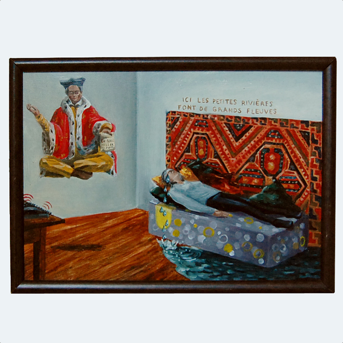 Ex-voto peinture à l'huile sur bois femme qui pleure Saint Yves patron des avocats en lévitation dans les airs divan de psychanalyse téléphone qui sonne