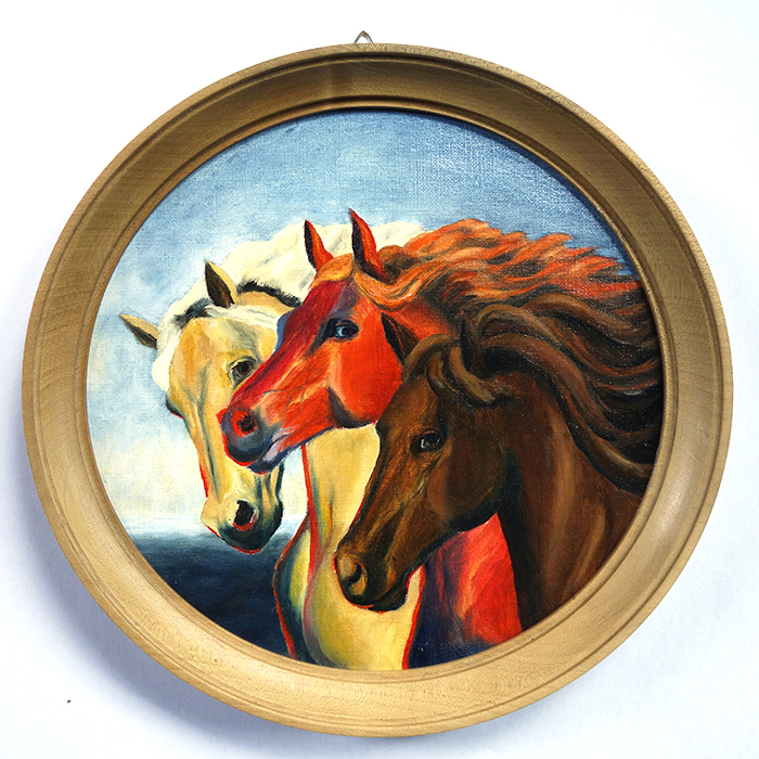 Ex-voto peinture  à l'huile attelage trois chevaux brun alezan isabelle pour les amours et les amis cadre rond