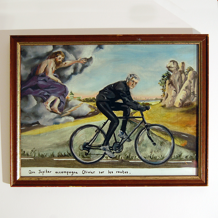 Ex-voto peinture à l'huile pour  protéger un cycliste sur la route cadeau Jupiter maître des éléments et de la météo paysage
