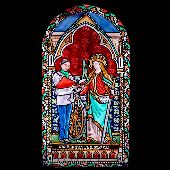 Ex-voto peinture vitrail Sainte Catherine d'Alexandrie protection philosophe roue palme martyre gothique