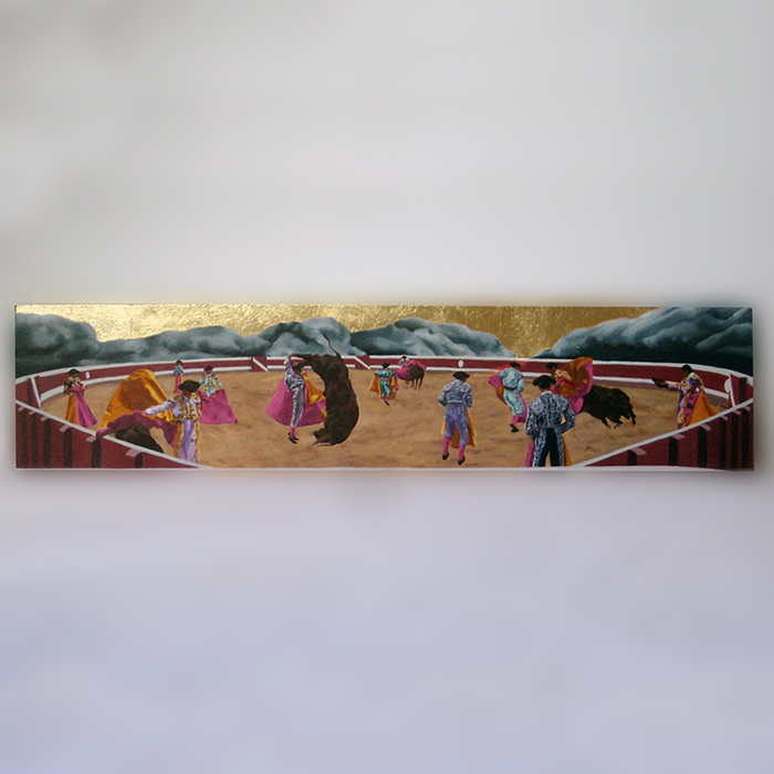 Ex-voto peinture à l'huile feuille d'or toreador dans l'arène corrida taureau salto cornes plante dans le sol sable nuages