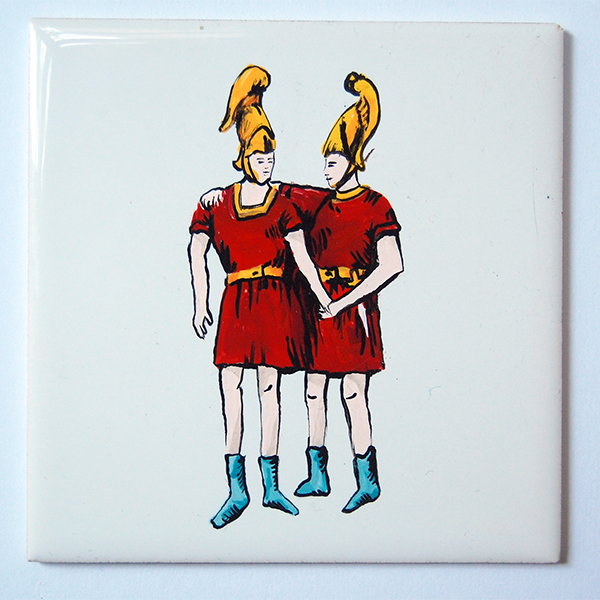 Ex-voto les dioscures jeu de carte de Mlle Lenormand peinture sur céramique jumeaux Castor et Pollux