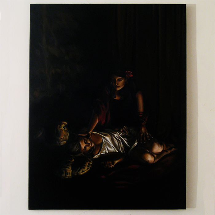 Ex-voto peinture à l'huile clair-obscur gitane et panthère