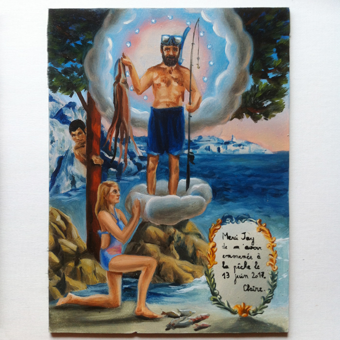 Ex-voto peinture à l'huile sur métal pour remercier pêche miraculeuse poulpe calanques de Marseille 