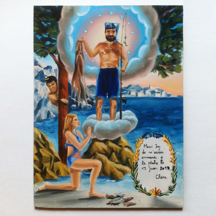 Ex-voto peinture à l'huile sur métal pour remercier pêche miraculeuse poulpe calanques de Marseille 