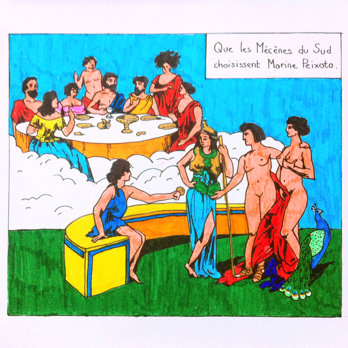 Ex-voto dessin feutre carte tarot Mlle Lenormand assemblée des dieux Olympe Jugement de Paris pomme Venus Athena Hera paon choix éléction