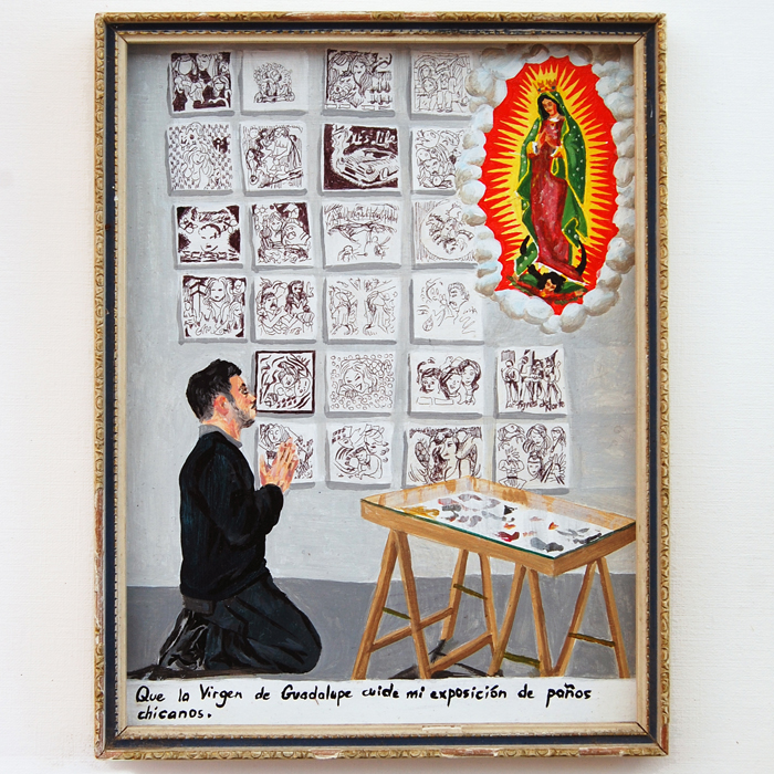 Ex-voto peinture acrylique sur métal Demande de protection à la Vierge de Guadalupe pour une exposition de mouchoirs dessinés par des prisonniers latino-américains Que la virgen de Guadalupe cuide mi exposicion de panos chicanos