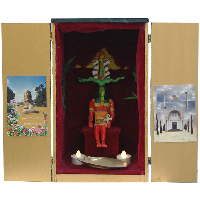 Thot deux fois grand dieu egyptien ex-voto boîte mini autel bougies statuette et photos pour faire des prières pour rédiger un mémoir avoir la connaissance