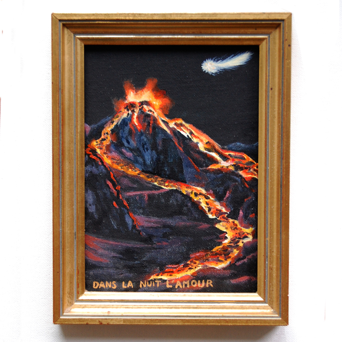 Ex-voto peinture à l'huile volcan en éruption la nuit comète dans la nuit l'amour lave