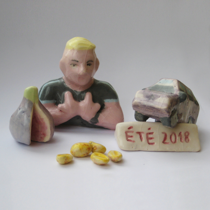 Ex-voto céramique émail couleurs à peindre Jul d'or et de platine AX citroen cacahuètes figues sud été 2018
